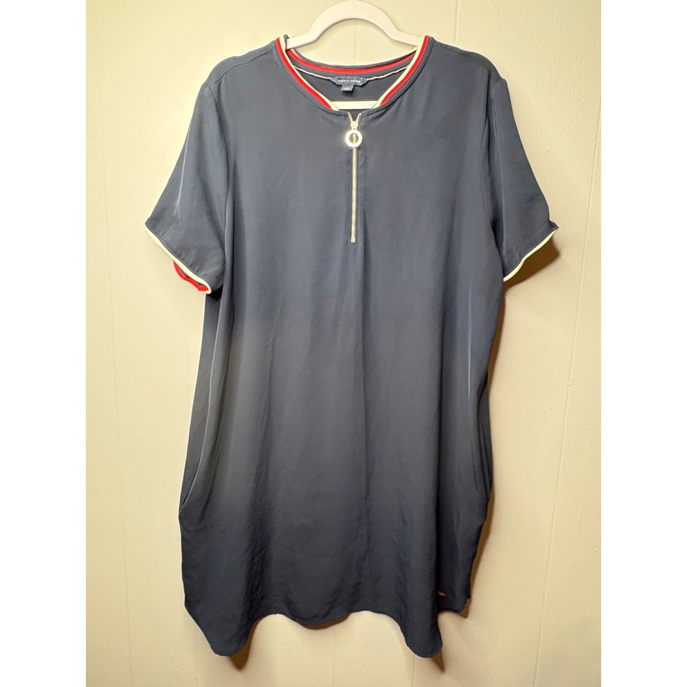 Tommy Hilfiger Women Navy Blue Half Zip Short Sleeve Shift Dress XL Striped Trim